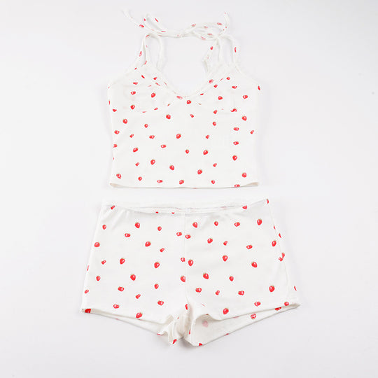 Damen Pyjama-Set mit verspieltem Früchte-Muster und Spaghetti-Trägern EB