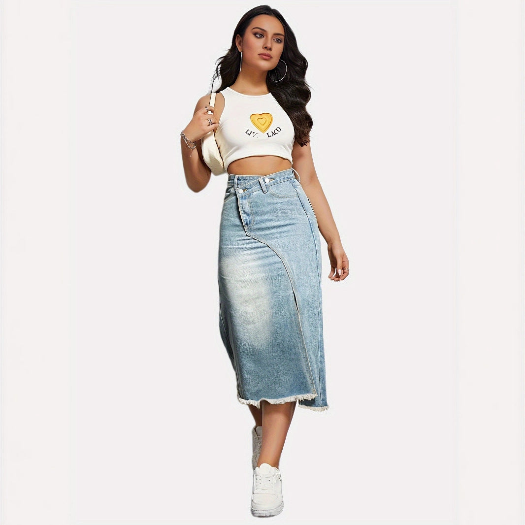 Damen Denim-Midi-Rock mit asymmetrischem Schnitt und fransigem Saum EB