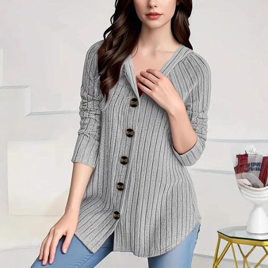 Damen nan kaschierender gerippter Strickcardigan mit V-Ausschnitt und dekorativen Knöpfen EB