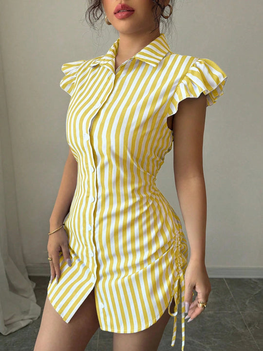 Damen gestreiftes Hemdkleid mit Rüschendetails und taillierter Passform EB
