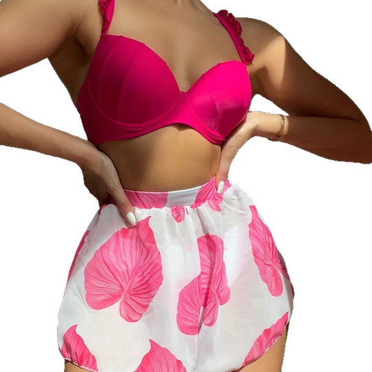 Damen Bikiniset mit gepufften Rüschenträgern und floralem Rock EB