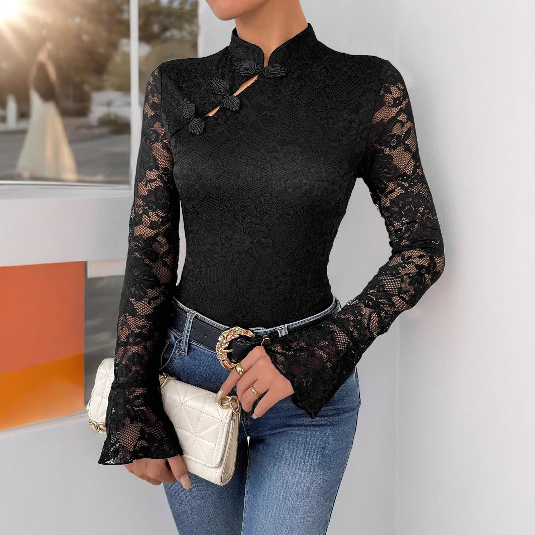 Damen Spitzenbody mit elegantem Stehkragen und langem Ärmel EB