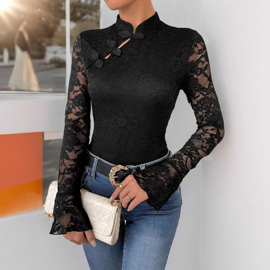 Damen Spitzenbody mit elegantem Stehkragen und langem Ärmel EB