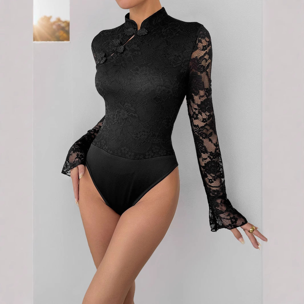 Damen Spitzenbody mit elegantem Stehkragen und langem Ärmel EB