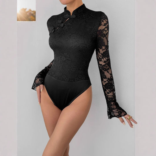 Damen Spitzenbody mit elegantem Stehkragen und langem Ärmel EB
