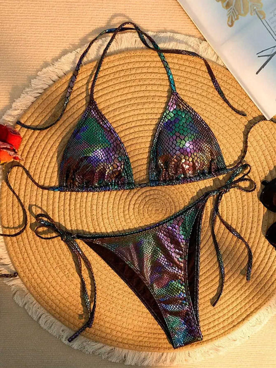 Damen Triangel-Bikini mit schimmerndem Schlangendesign EB