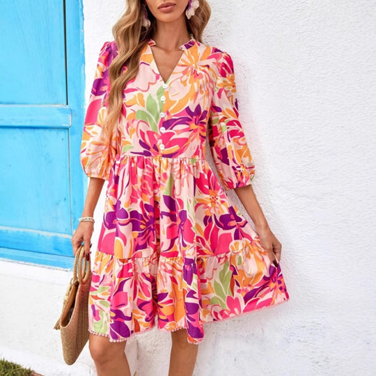Damen Blusenkleid mit floralen Prints und voluminösen Ärmeln EB