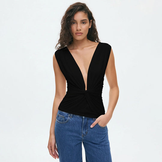 Damen elegantes Wickeloberteil mit tiefem V-Ausschnitt und raffinierter Drapierung EB
