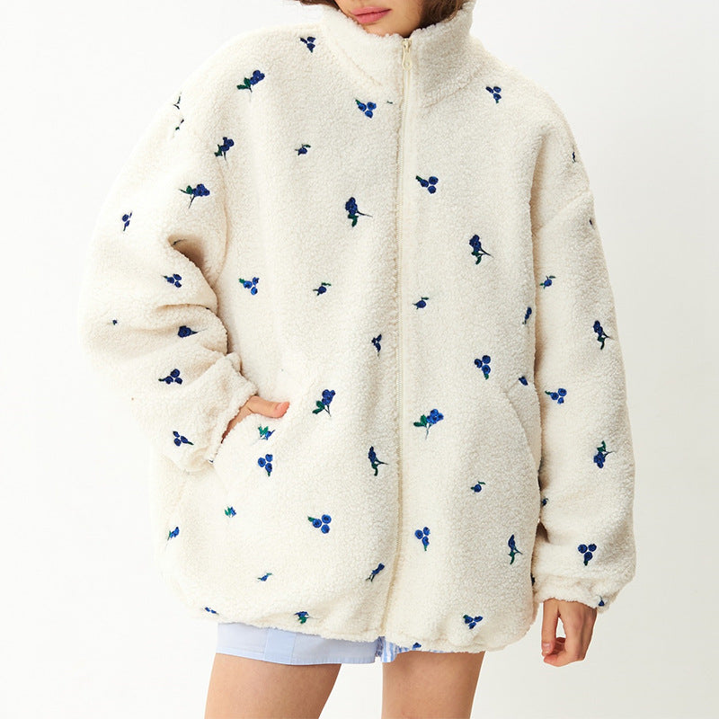 Damen kuschelige Fleecejacke mit Blumenstickerei EB