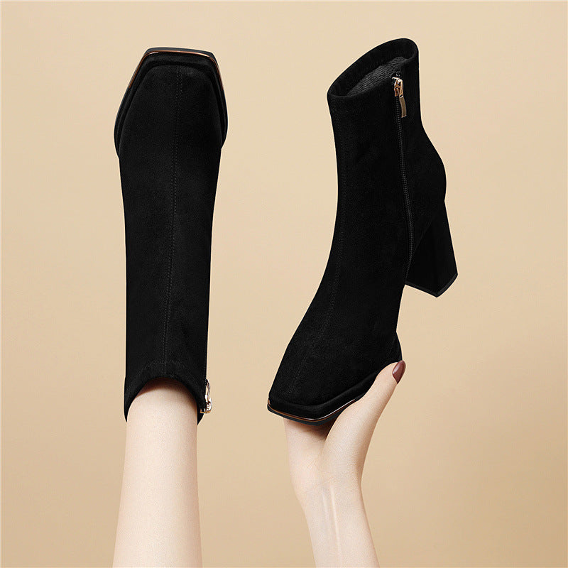 Damen stilvolle Stiefeletten mit Blockabsatz und Reißverschluss EB