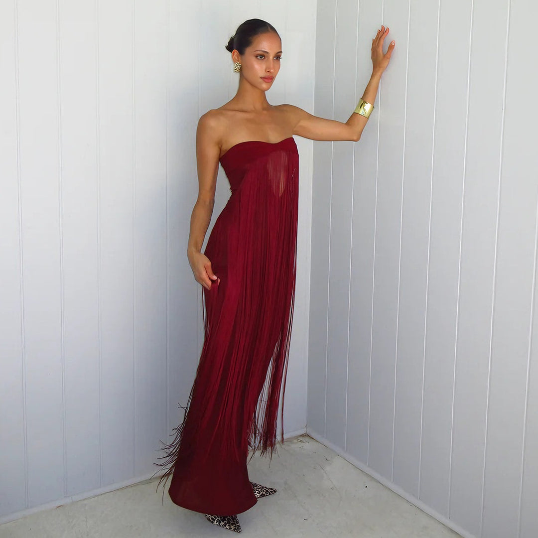 Damen Elegantes Maxi-Kleid mit Fransen und tiefem Ausschnitt EB