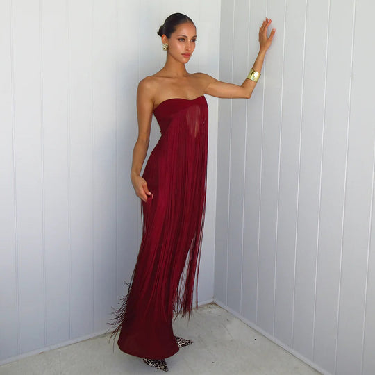 Damen Elegantes Maxi-Kleid mit Fransen und tiefem Ausschnitt EB