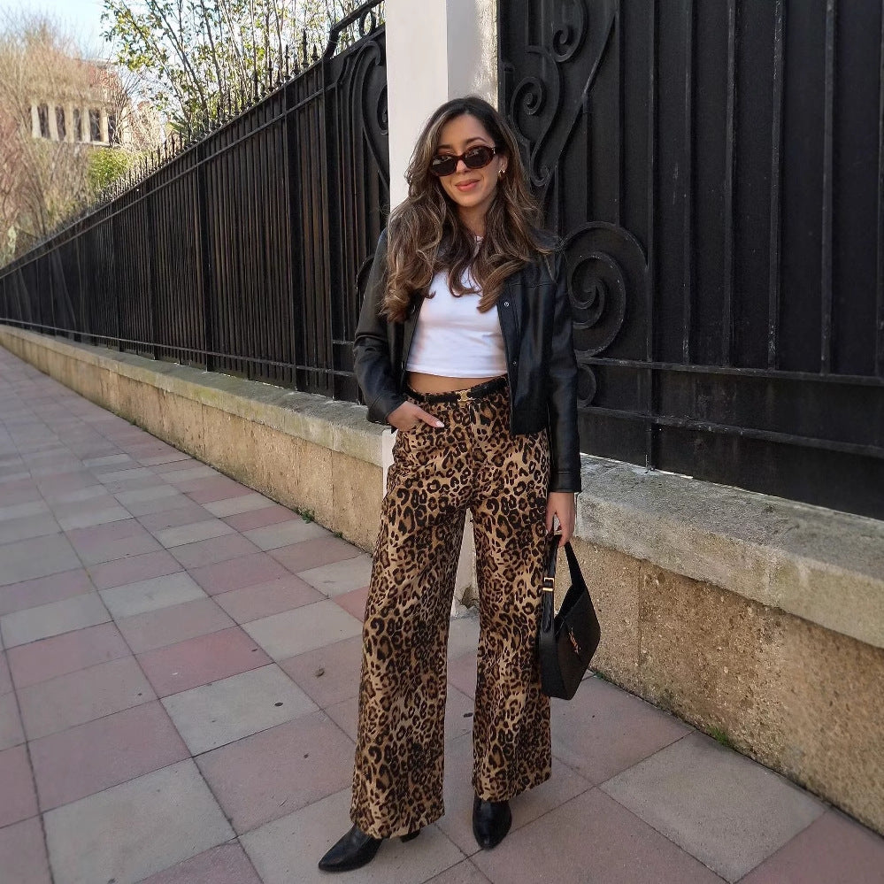 Damen Modische Palazzo-Hose mit Leopardenmuster EB