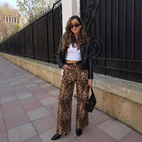 Damen Modische Palazzo-Hose mit Leopardenmuster EB