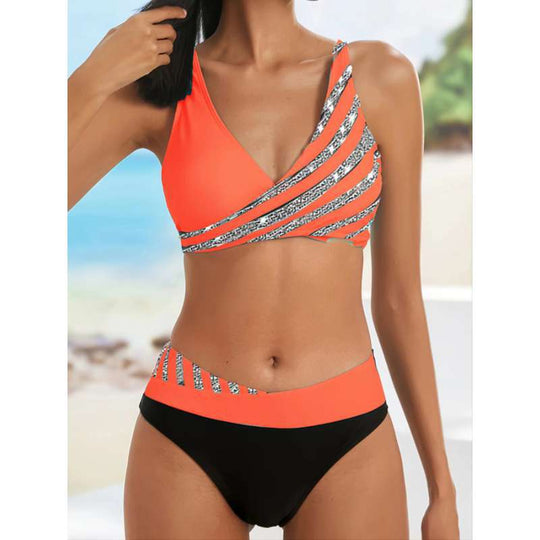 Damen Sportlicher Badeanzug mit kreativen Streifen EB