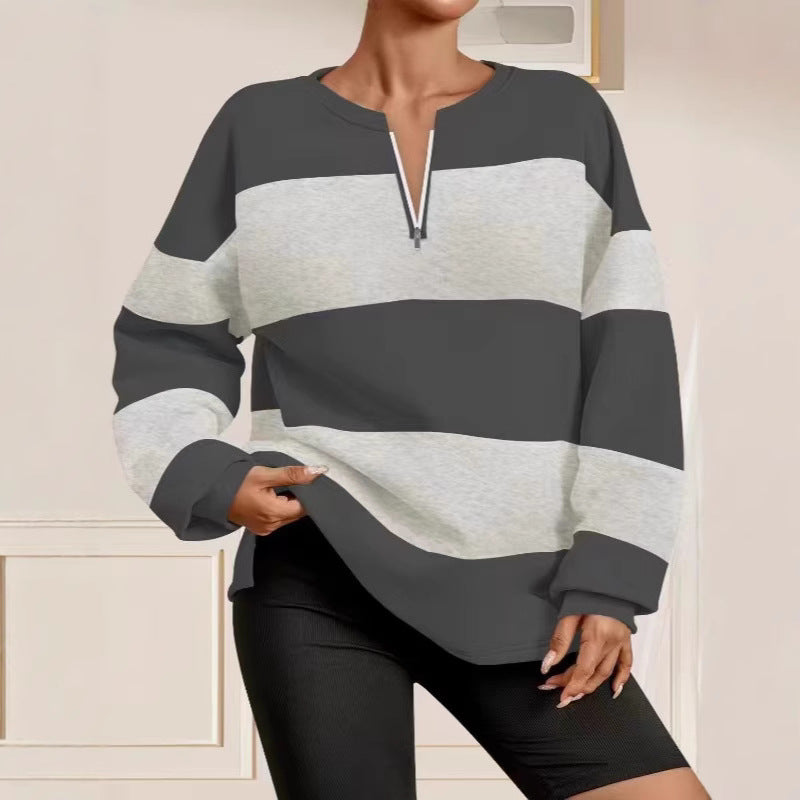 Damen Langarm Sweatshirt mit modernem Reißverschluss und gestreiftem Design EB