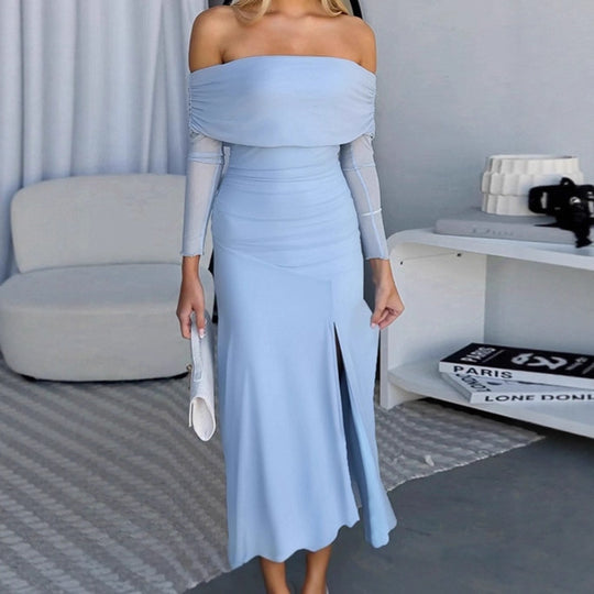 Damen Schickes Maxikleid mit schulterfreiem Design und seitlichem Schlitz EB