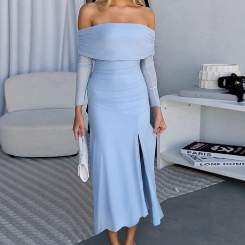 Damen Schickes Maxikleid mit schulterfreiem Design und seitlichem Schlitz EB