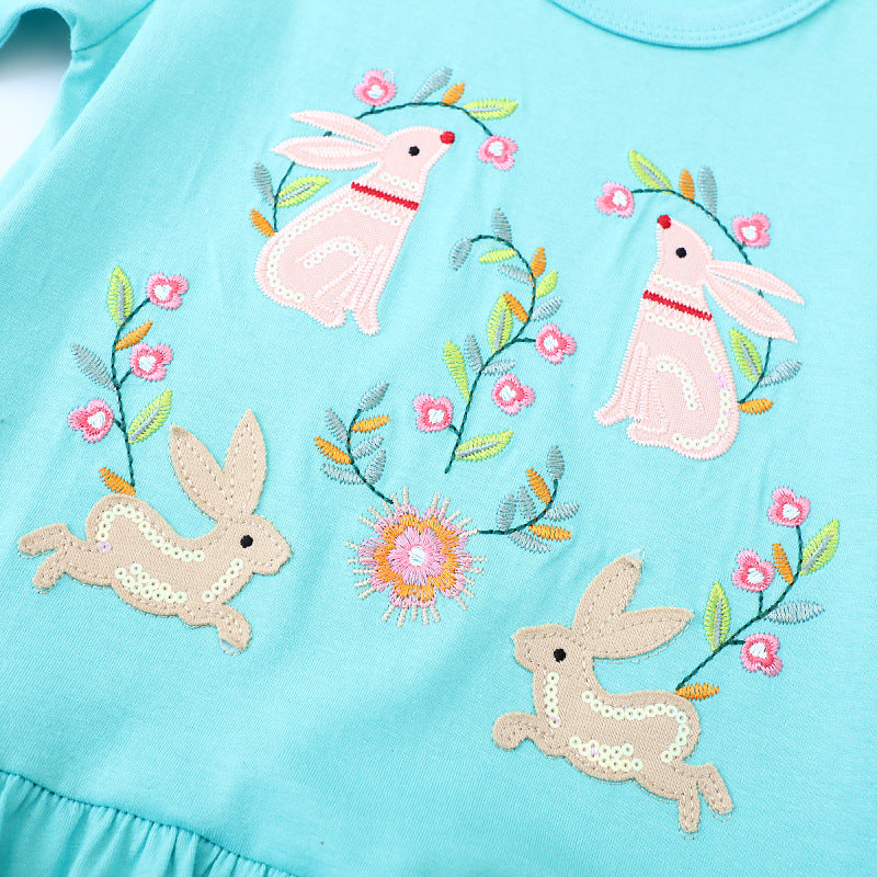 Mädchen Langarmkleid mit zauberhaften Hasen- und Blumenstickereien EB