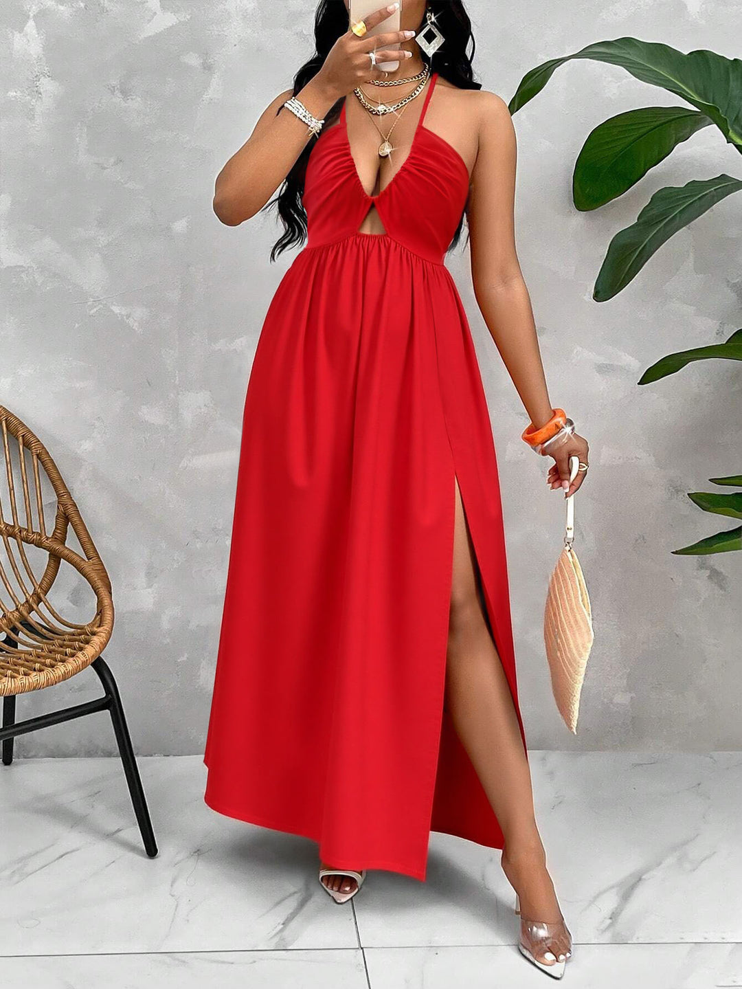 Damen Maxikleid mit tiefem V-Ausschnitt und seitlichem Schlitz EB