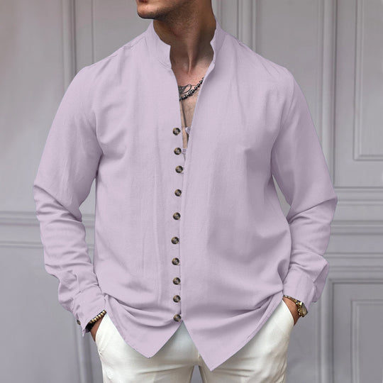 Herren nan elegantes Langarm-Leinenhemd mit Stehkragen asymmetrischer Knopfleiste und schmaler Passform EB
