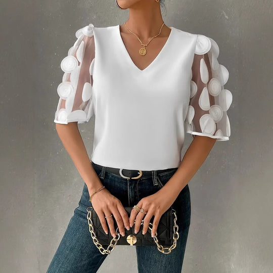 Damen V-Ausschnitt Bluse mit transparenten Rüschensäumen EB