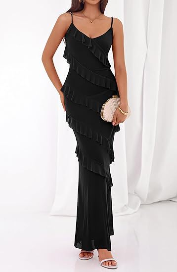 Damen Maxikleid mit Rüschen und Spaghettiträgern EB