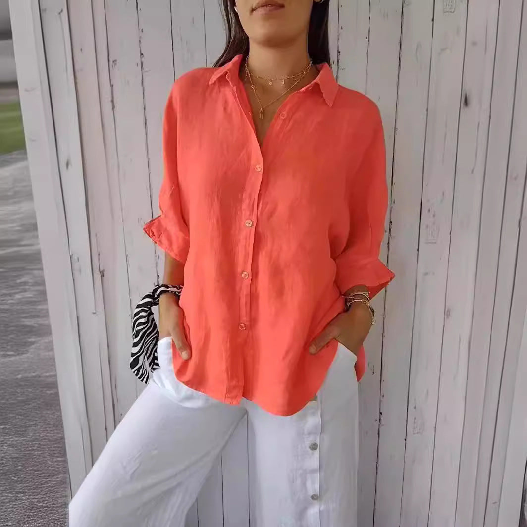 Damen Leichte und luftige Bluse aus reinem Leinen mit Knopfleiste und breiten Ärmeln EB