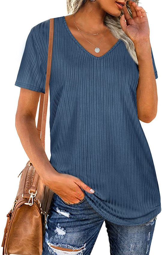 Damen Viskose T-Shirt mit feinem Rippstrickmuster und lässigem V-Ausschnitt EB