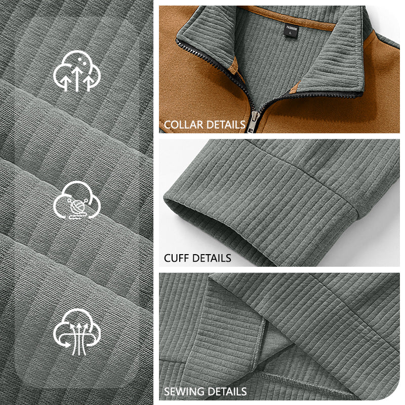 Herren Strickpullover mit Troyerkragen, Rippenstruktur und Ellbogen-Patches EB