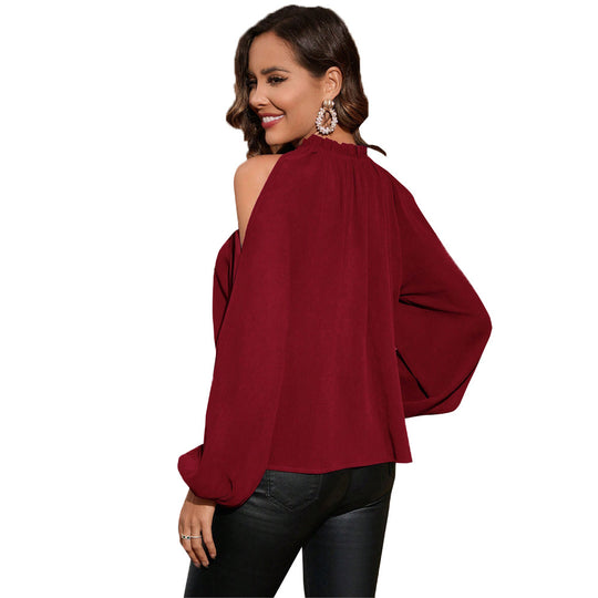 Damen schulterfreies Chiffon-Blusenshirt mit gerafftem Stehkragen und Ballonärmeln Eichborn Berlin