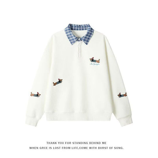 Damen Pullover mit stilvollem Karomuster und tierischem Motiv EB