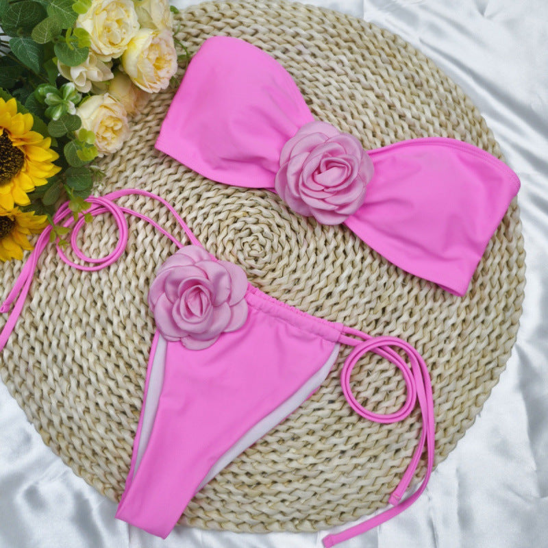 Damen Bandeau-Bikini mit floralem Akzent und verstellbaren Trägern EB