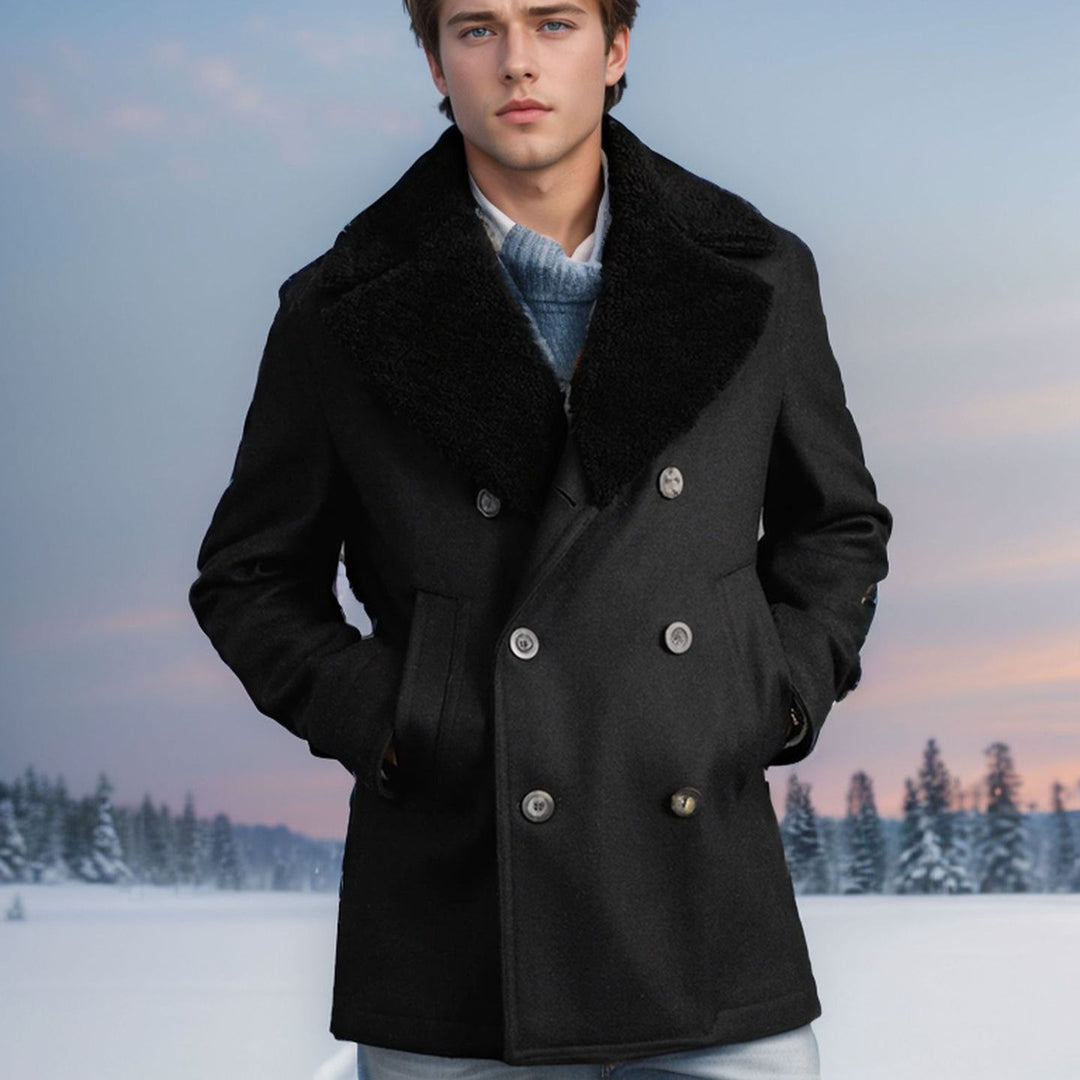 Herren elegante Wolle-Mantel mit hochgeschlossenem Fellkragen EB