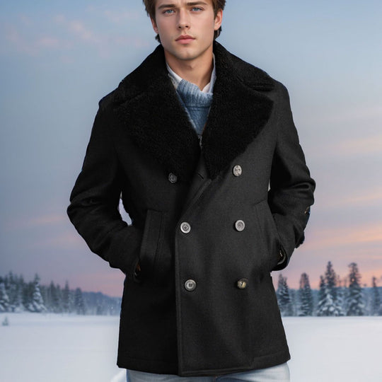Herren elegante Wolle-Mantel mit hochgeschlossenem Fellkragen EB