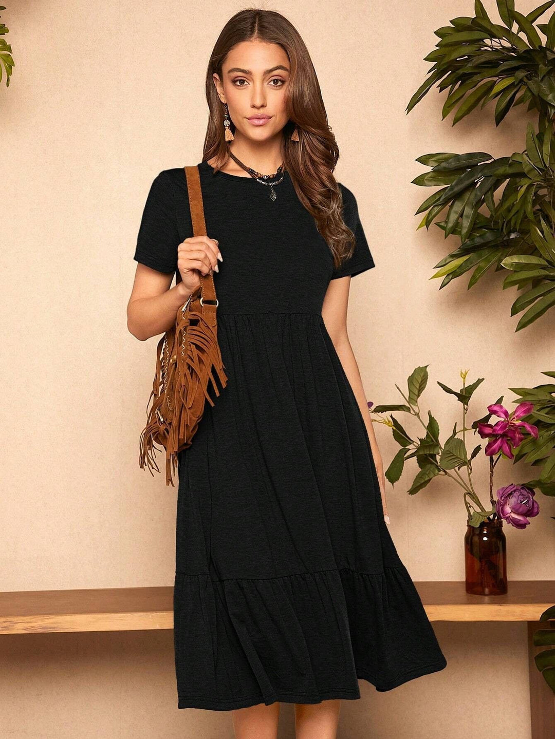 Damen lässiges T-Shirt-Kleid mit lockerer Passform und Rüschensaum EB