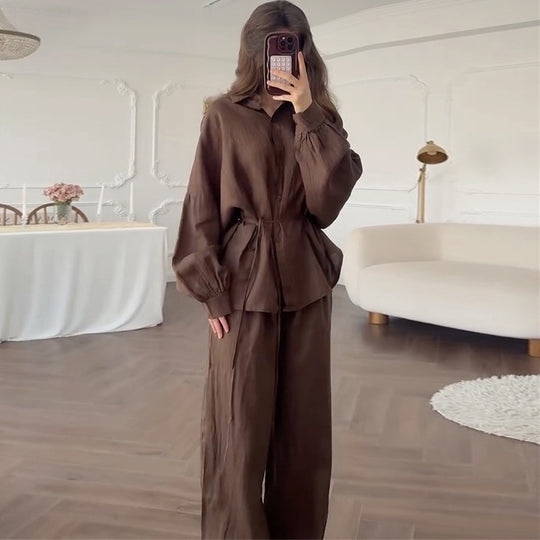 Damen lässiges Leinen-Loungewear-Set mit taillierter Bluse und weiten Hosen EB