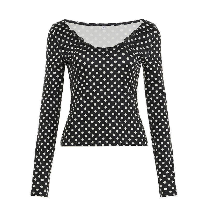 Damen nan figurbetontes Punktmuster‑Longsleeve mit Spitzenrand und dezentem Raffungseinsatz EB