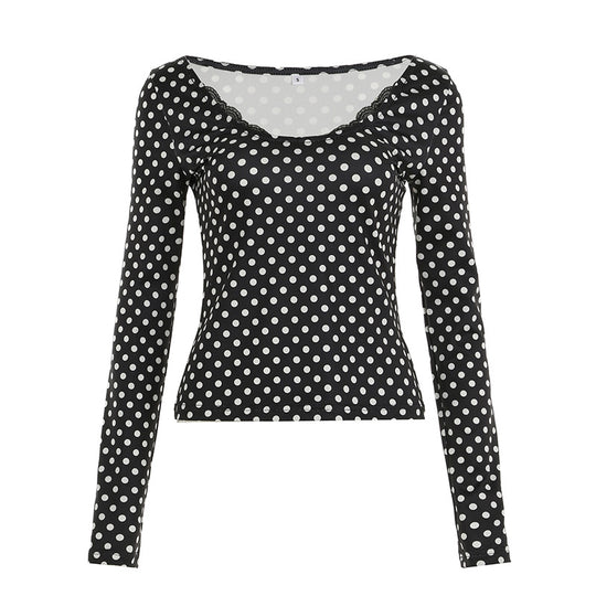 Damen nan figurbetontes Punktmuster‑Longsleeve mit Spitzenrand und dezentem Raffungseinsatz EB