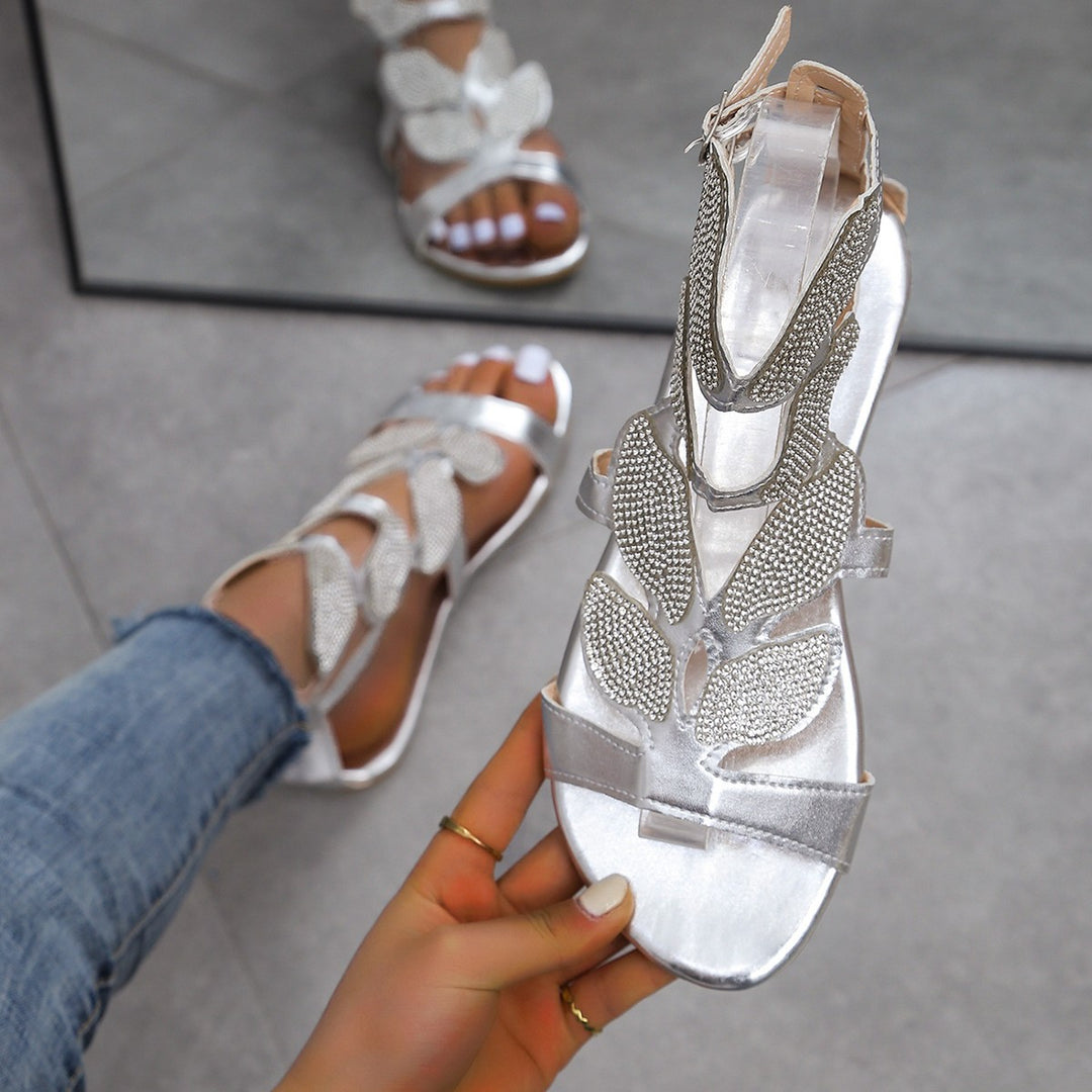 Damen elegante Sandalen mit funkelnden Strassapplikationen und modernem Riemendesign EB