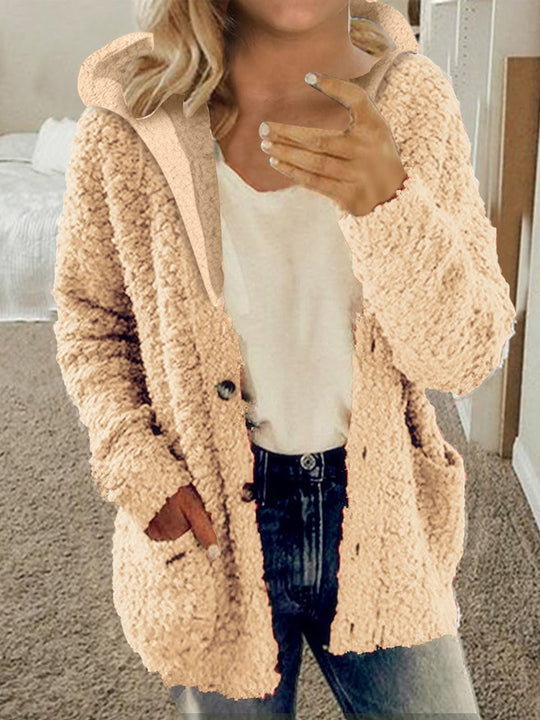 Damen kuschelige Fleecejacke mit Kapuze und praktischen Taschen EB