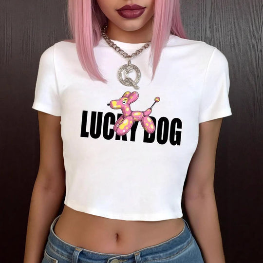 Damen Crop-Top T-Shirt mit lustigem Ballonhund-Design EB