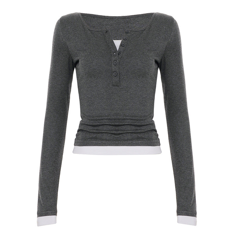 Damen nan tailliertes Henley-Crop-Longsleeve mit kontrastierenden Saum- und Ärmelbündchen EB