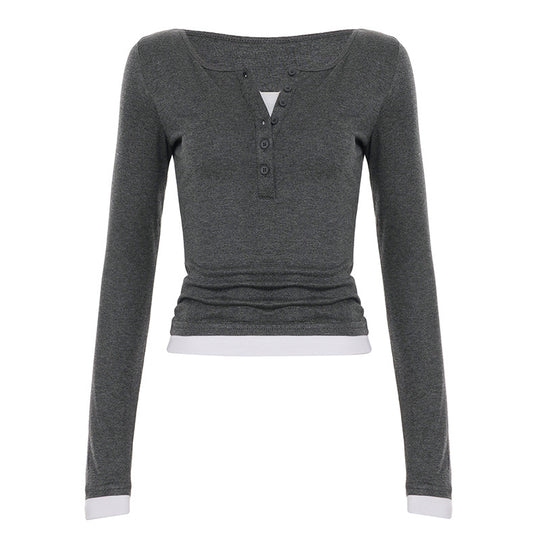 Damen nan tailliertes Henley-Crop-Longsleeve mit kontrastierenden Saum- und Ärmelbündchen EB