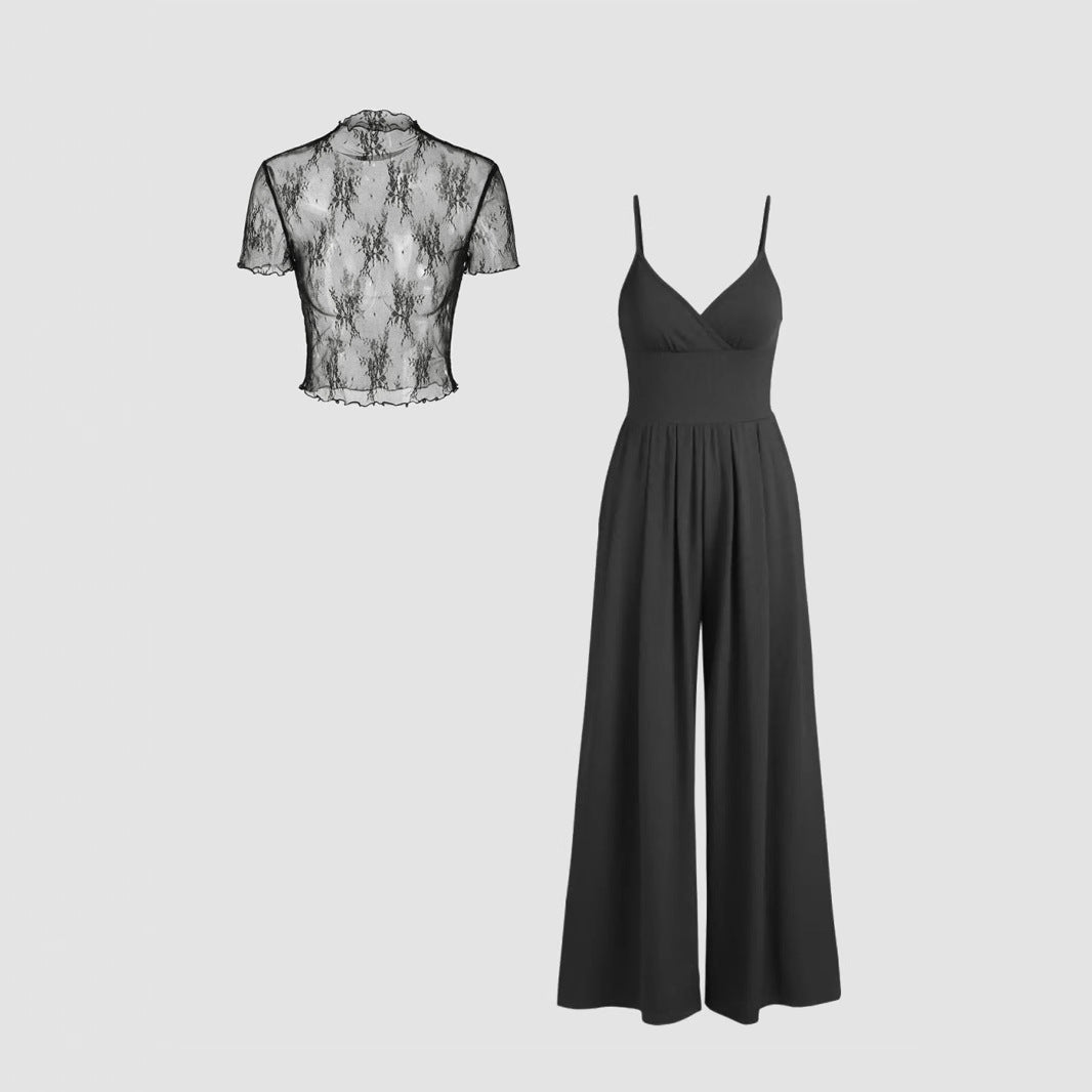 Damen elegantes V-Ausschnitt Jumpsuit mit transparenter Bluse EB