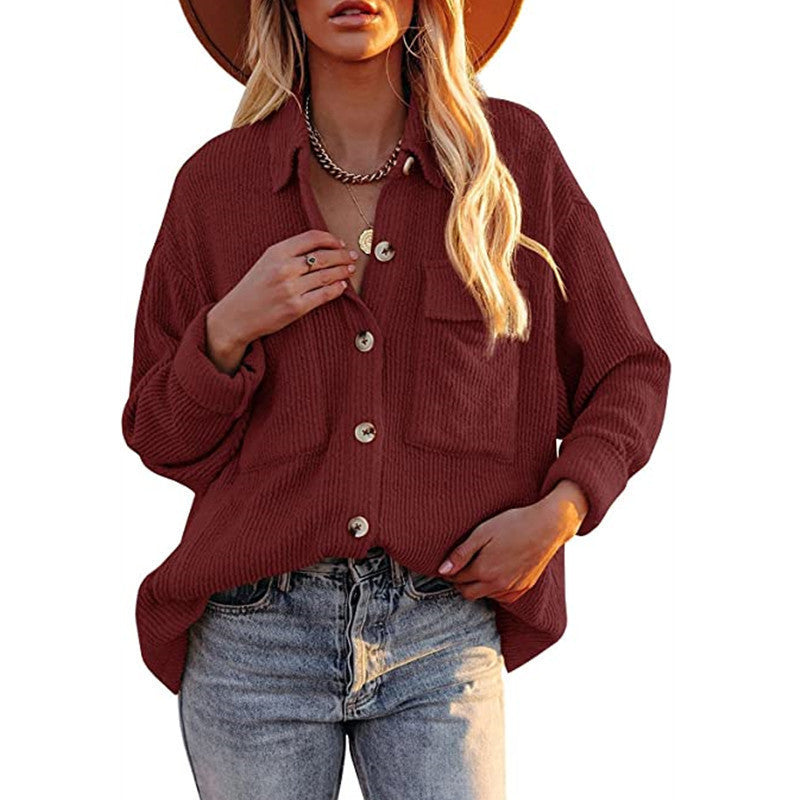 Damen Overshirt im lässigen Strickdesign mit Knopfverschluss und Brusttasche EB