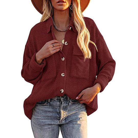 Damen Overshirt im lässigen Strickdesign mit Knopfverschluss und Brusttasche EB