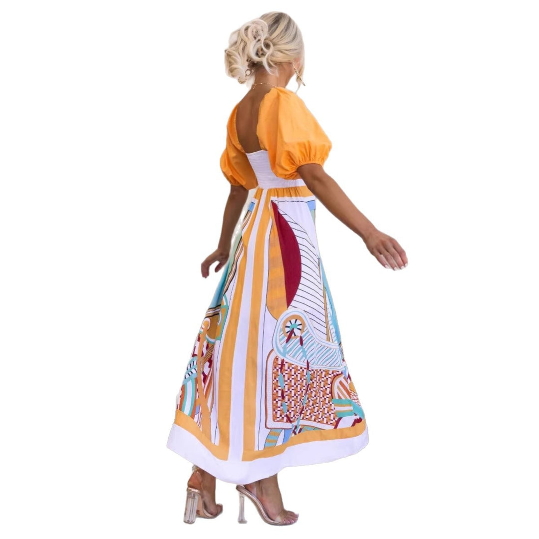 Damen Maxikleid mit kreativem Kunstdruck und Puffärmeln EB