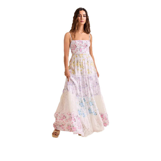 Damen Boho Maxikleid mit elastischem Oberteil und Spitzenakzenten EB