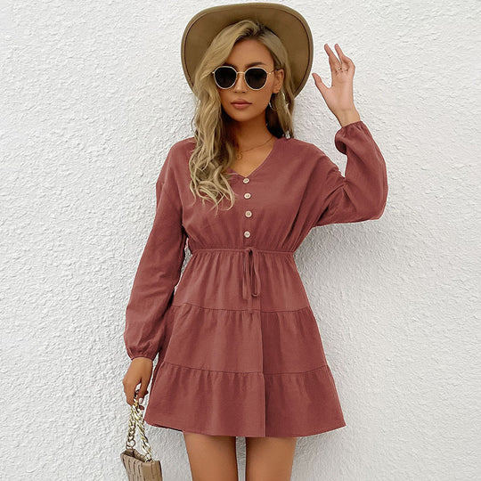 Damen Midi-Kleid mit knöpfbarem Ausschnitt und Taillenbindung EB